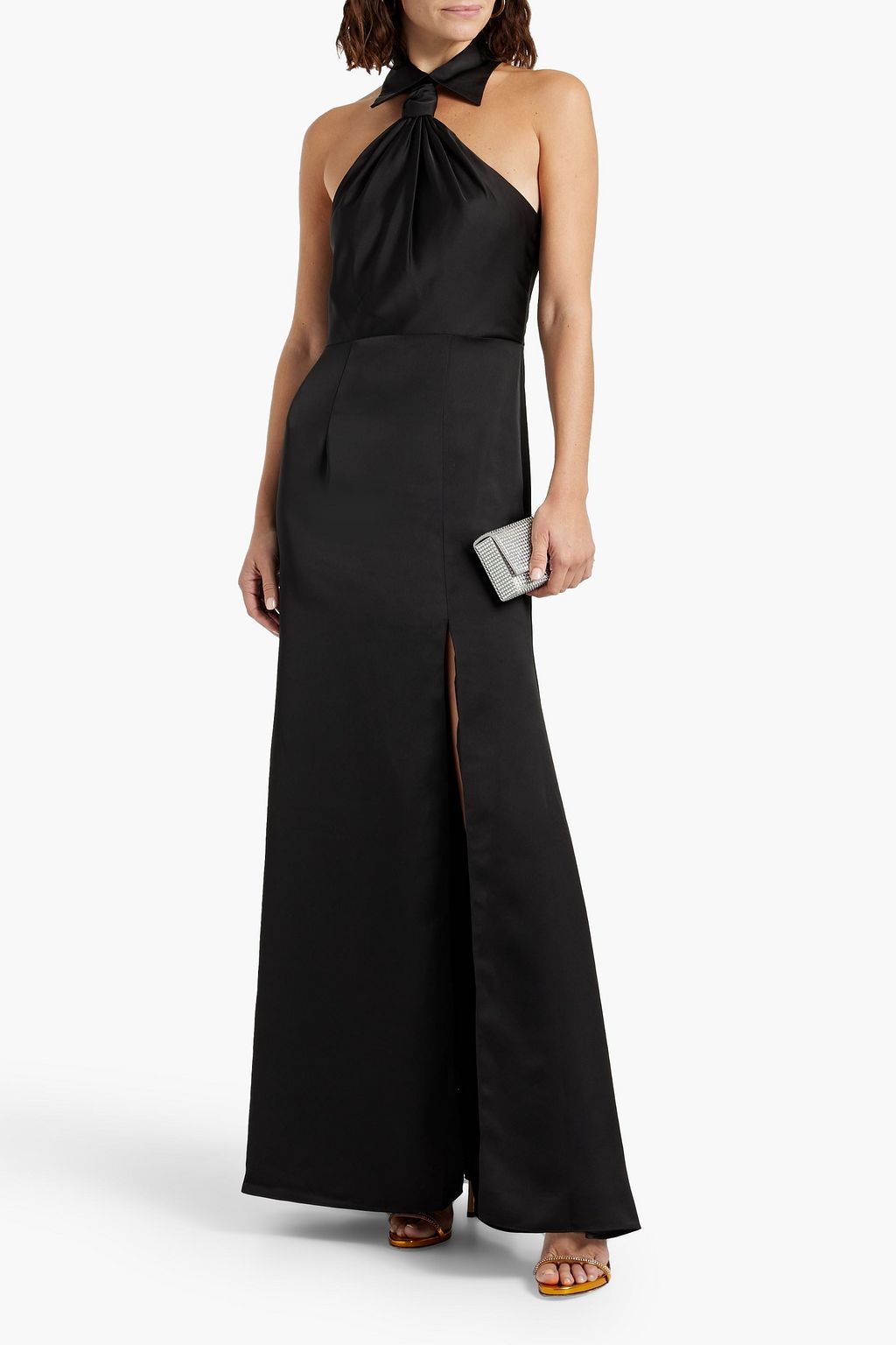 HALSTON Gemi knotted satin-crepe halterneck gown