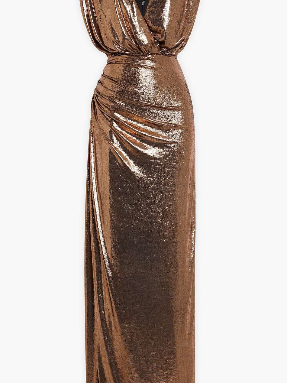 misha ruched lamé gown