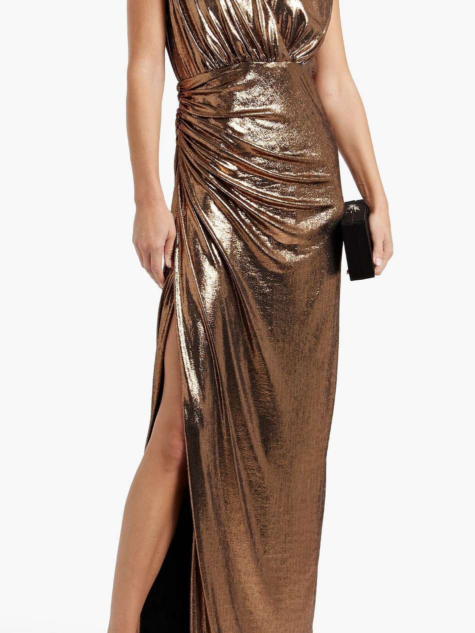 misha ruched lamé gown