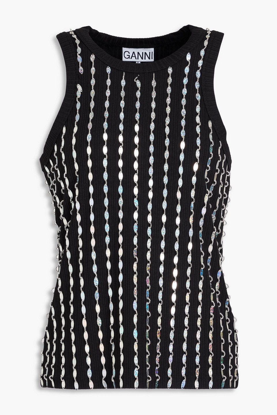 GANNI - Embellished ribbed EcoVero-blend jersey tank - Black - DE 40