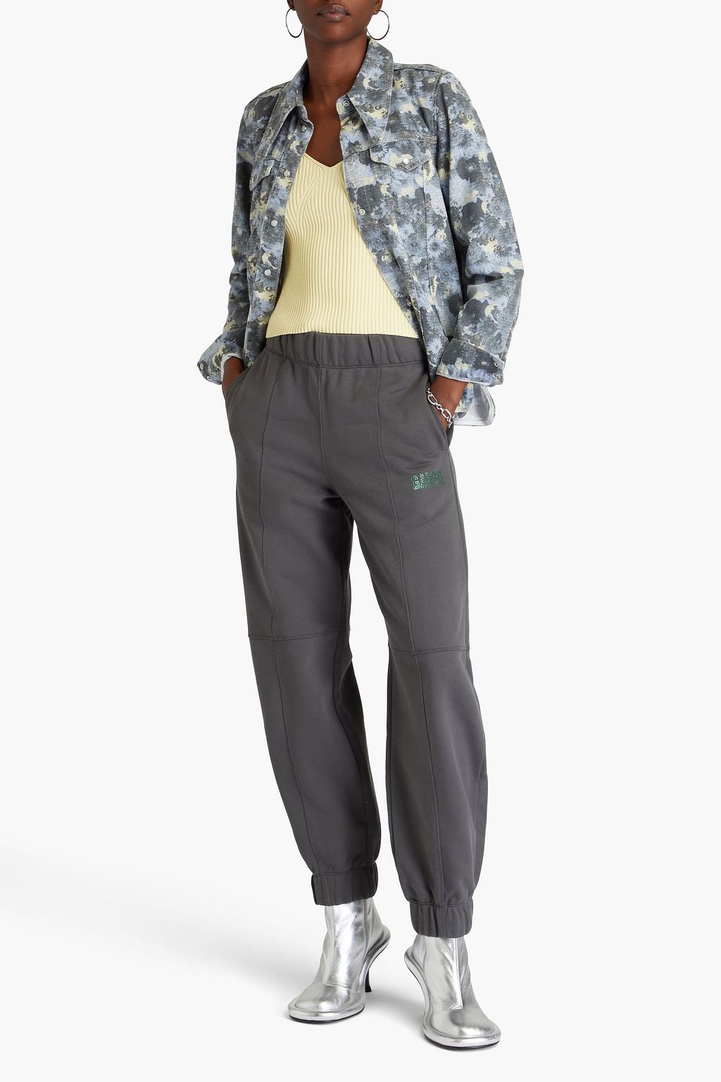 GANNI Embellished cotton-blend fleece track pants
