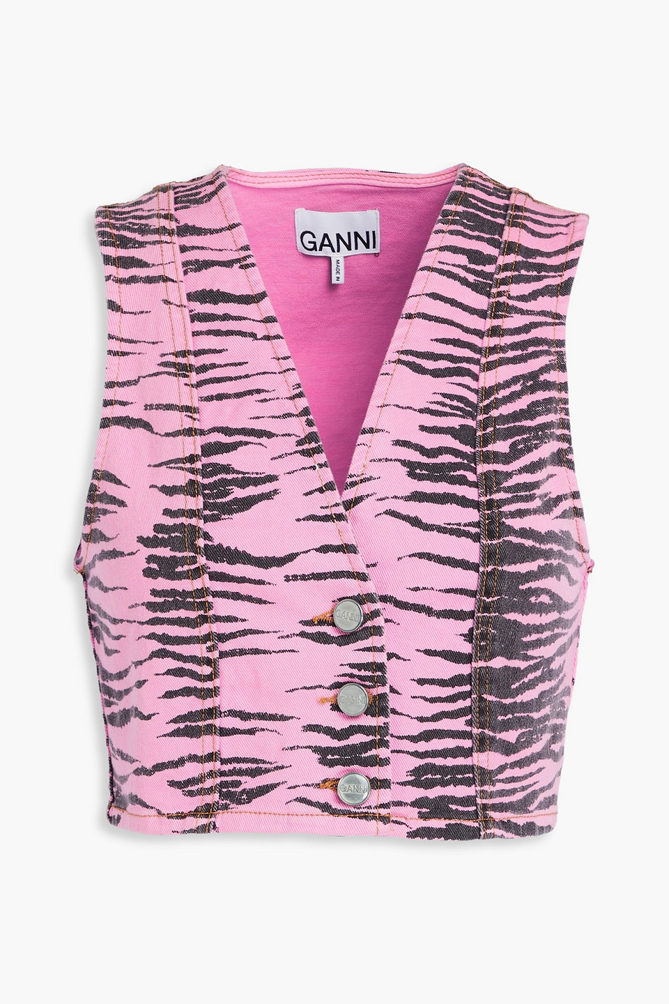 Ganni Cropped Tiger-print Denim Waistcoat In Animal Print