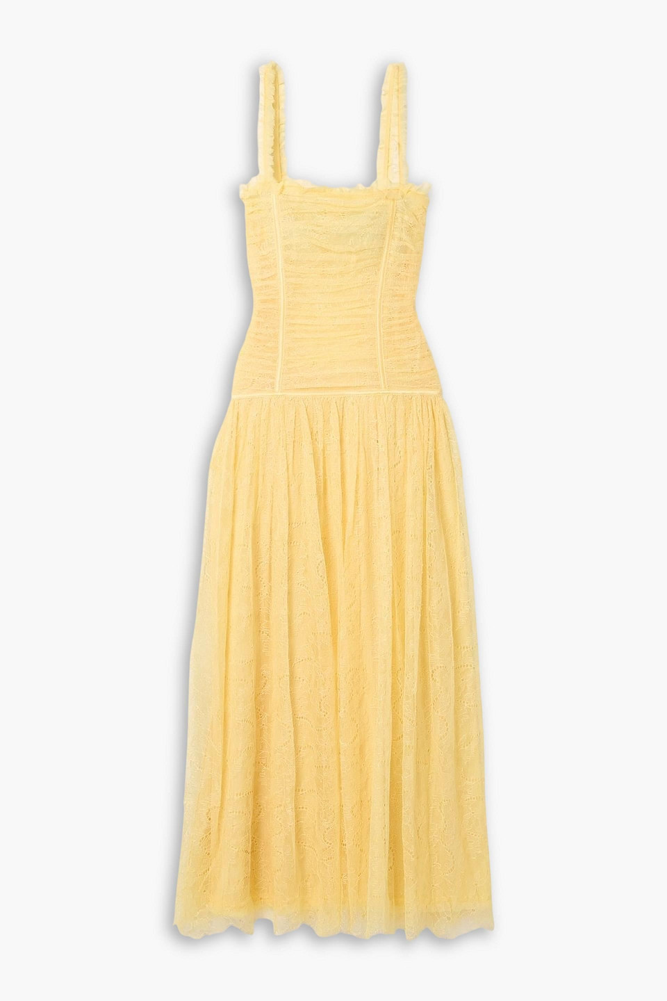 ulla johnson - florelle ruched chantilly lace maxi dress - yellow - us 0