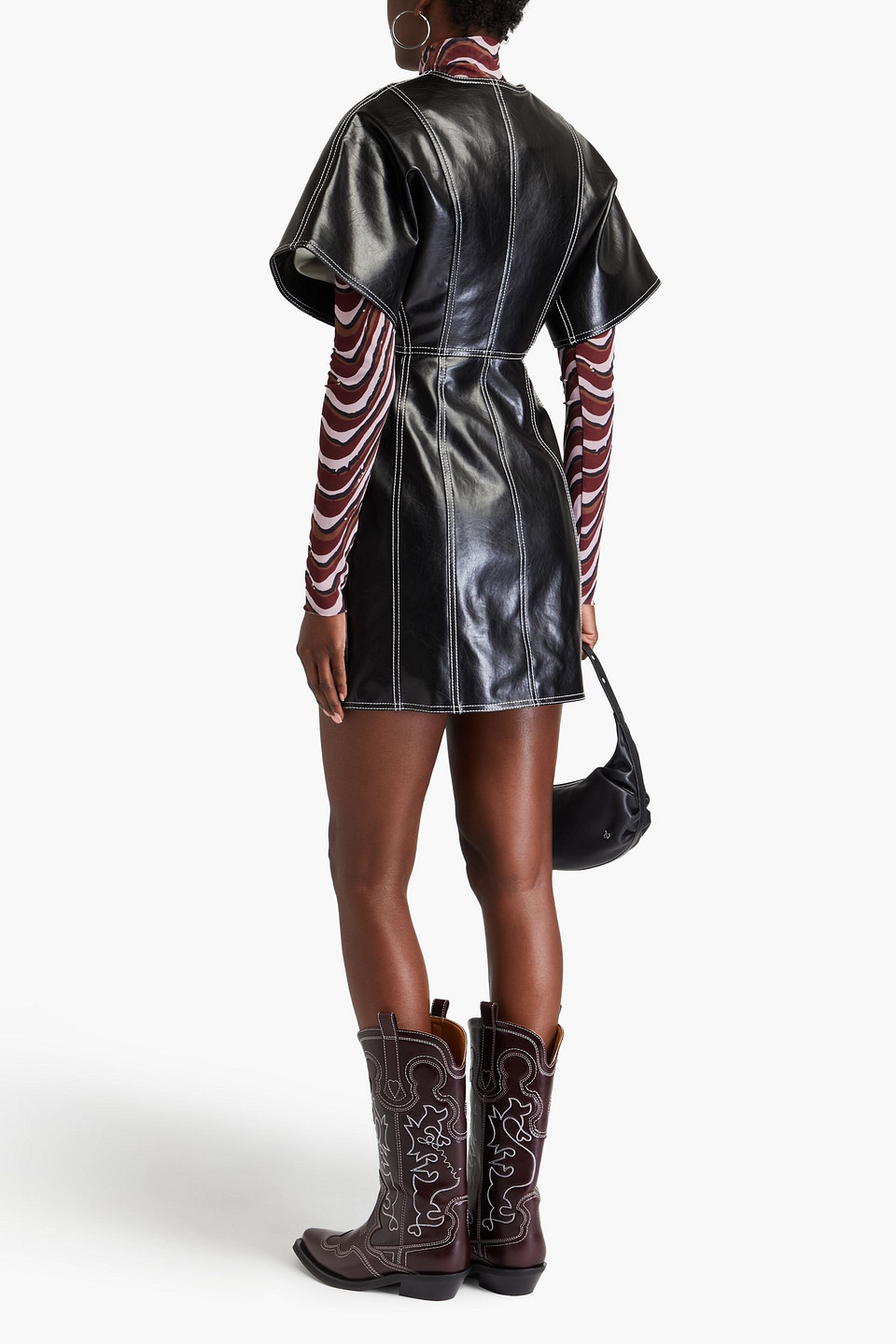 Shop Ganni Faux Leather Mini Shirt Dress In Black