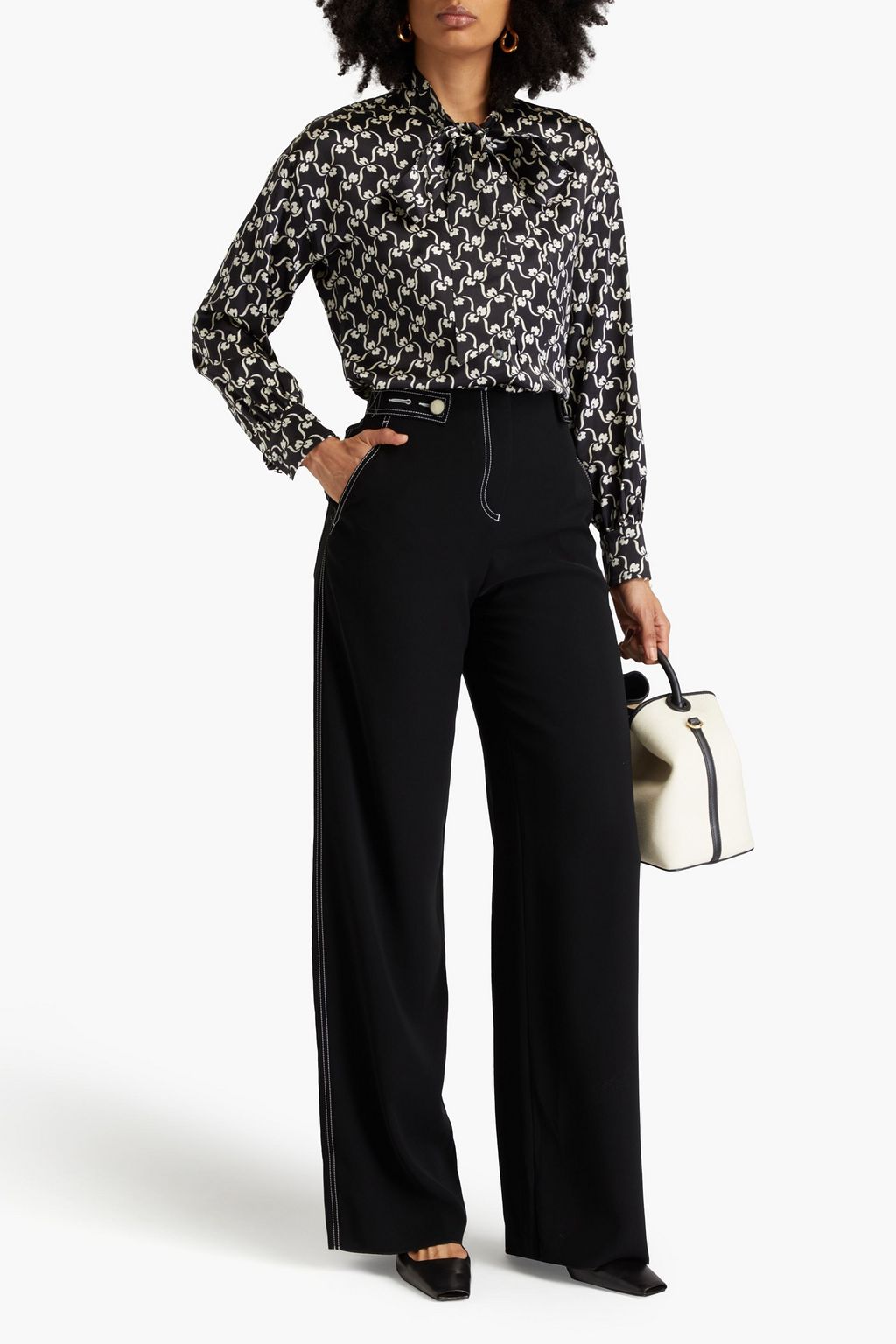 TORY BURCH Pussy-bow printed silk-satin blouse
