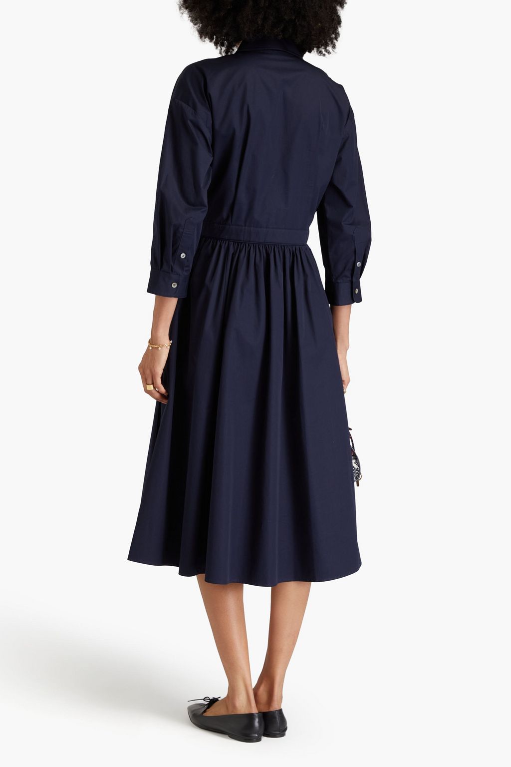 TORY BURCH 개더 디테일 코튼 트윌 미디 셔츠 드레스
