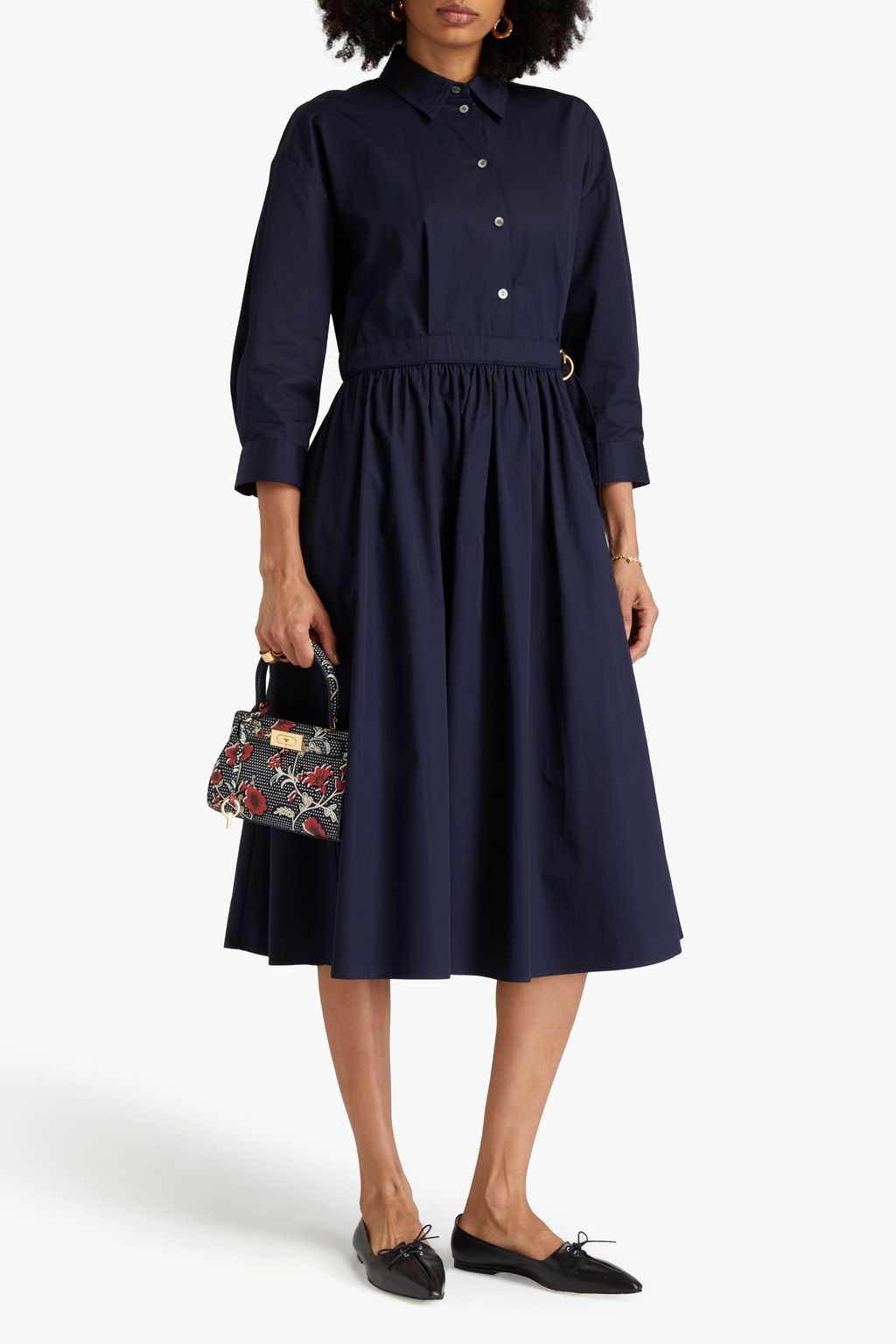 TORY BURCH 개더 디테일 코튼 트윌 미디 셔츠 드레스