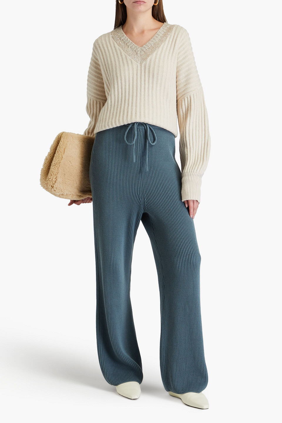 Le 17 Septembre Ribbed Cotton Wide-leg Pants In Slate Blue