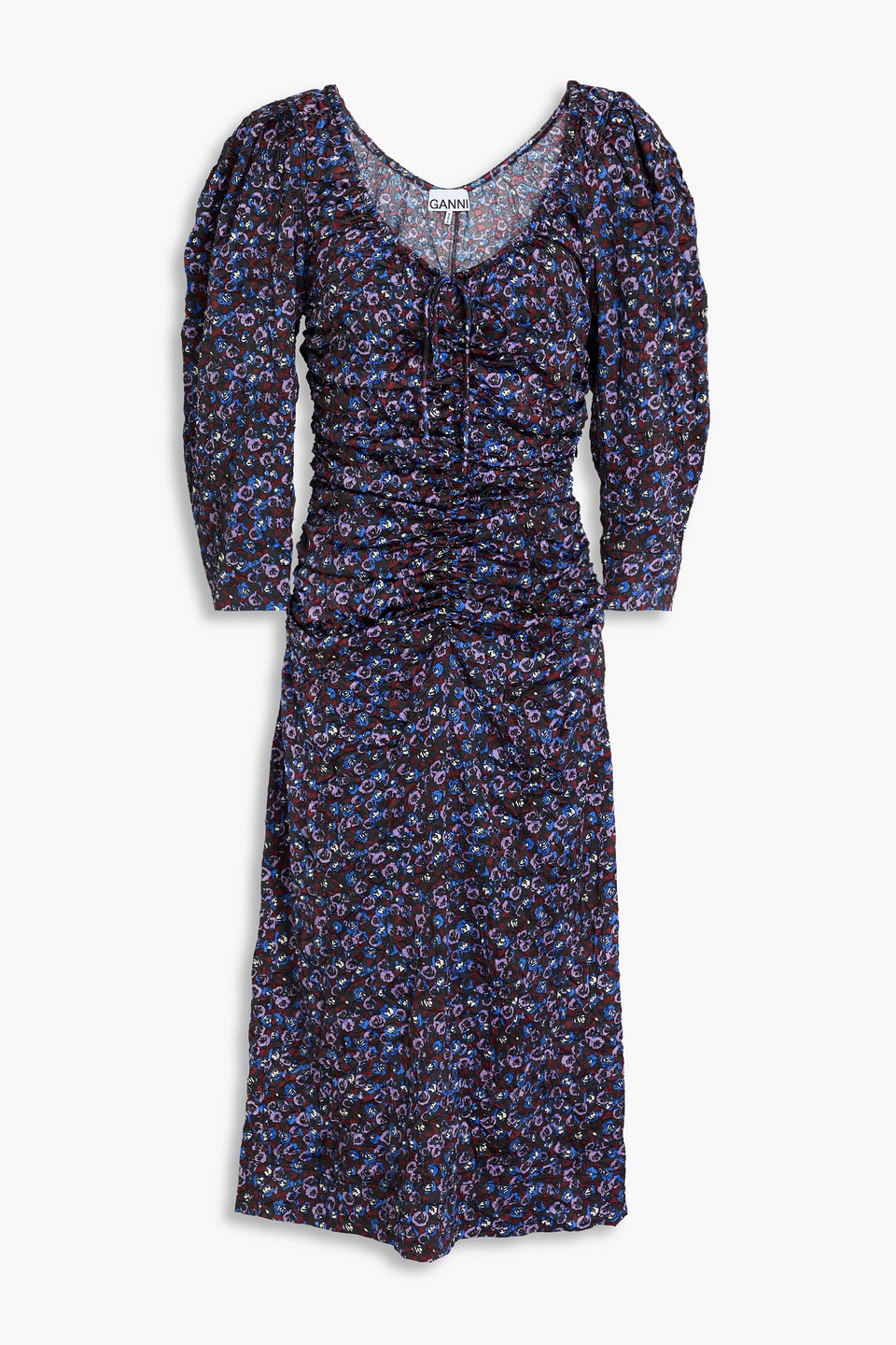 Ganni Floral-print Stretch-satin Midi Dress In Multicolor