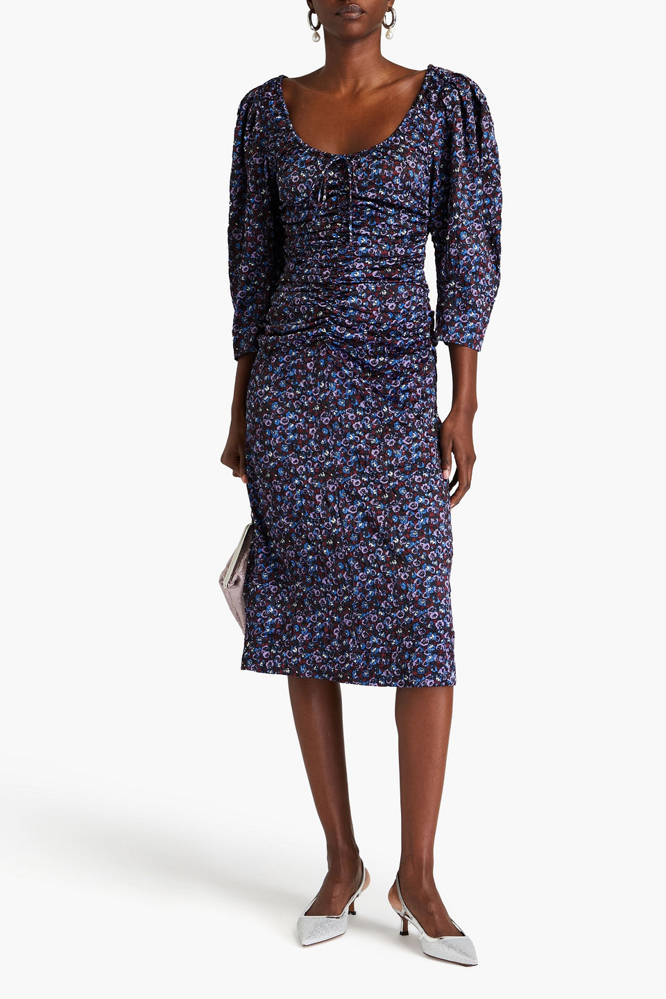 Ganni Floral-print Stretch-satin Midi Dress In Multicolor