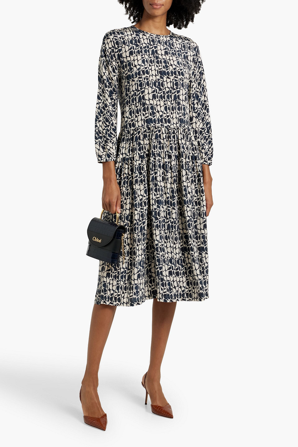 Shop Max Mara Tiered Printed Silk Crepe De Chine Midi Dress In Navy
