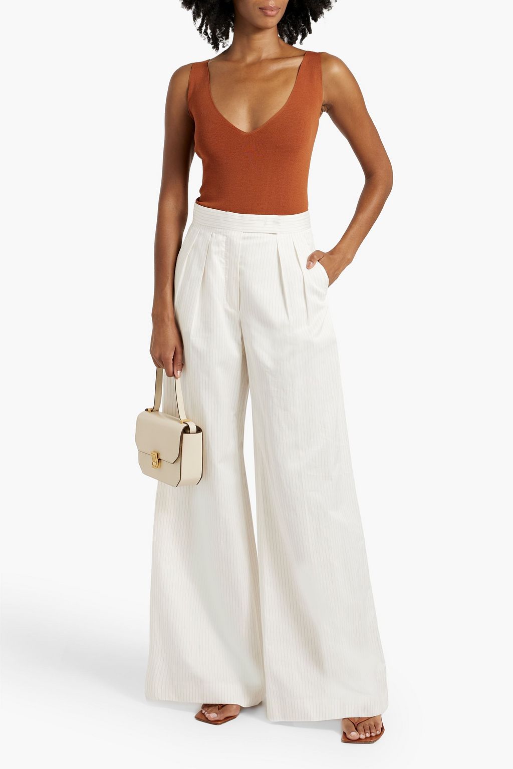 MAX MARA Pleated striped cotton and linen-blend wide-leg pants