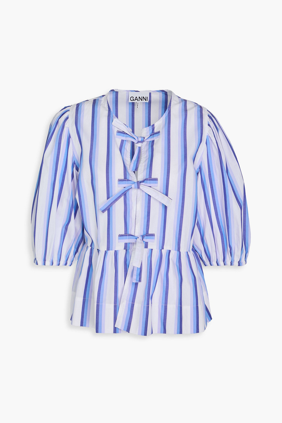 Ganni Blue Striped Cotton Poplin Peplum Tie Blouse In Light Blue