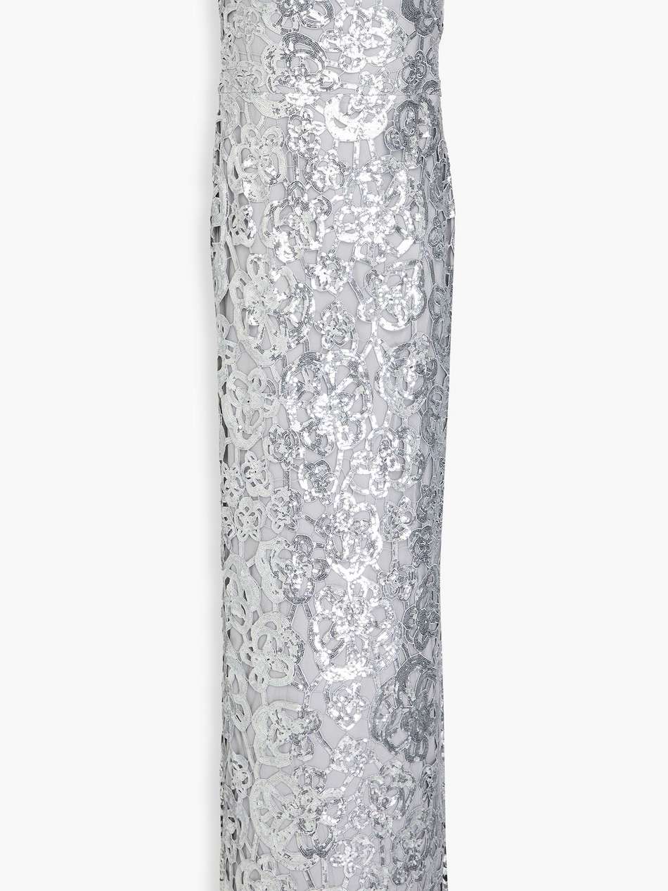 off-the-shoulder sequined guipure lace gown
