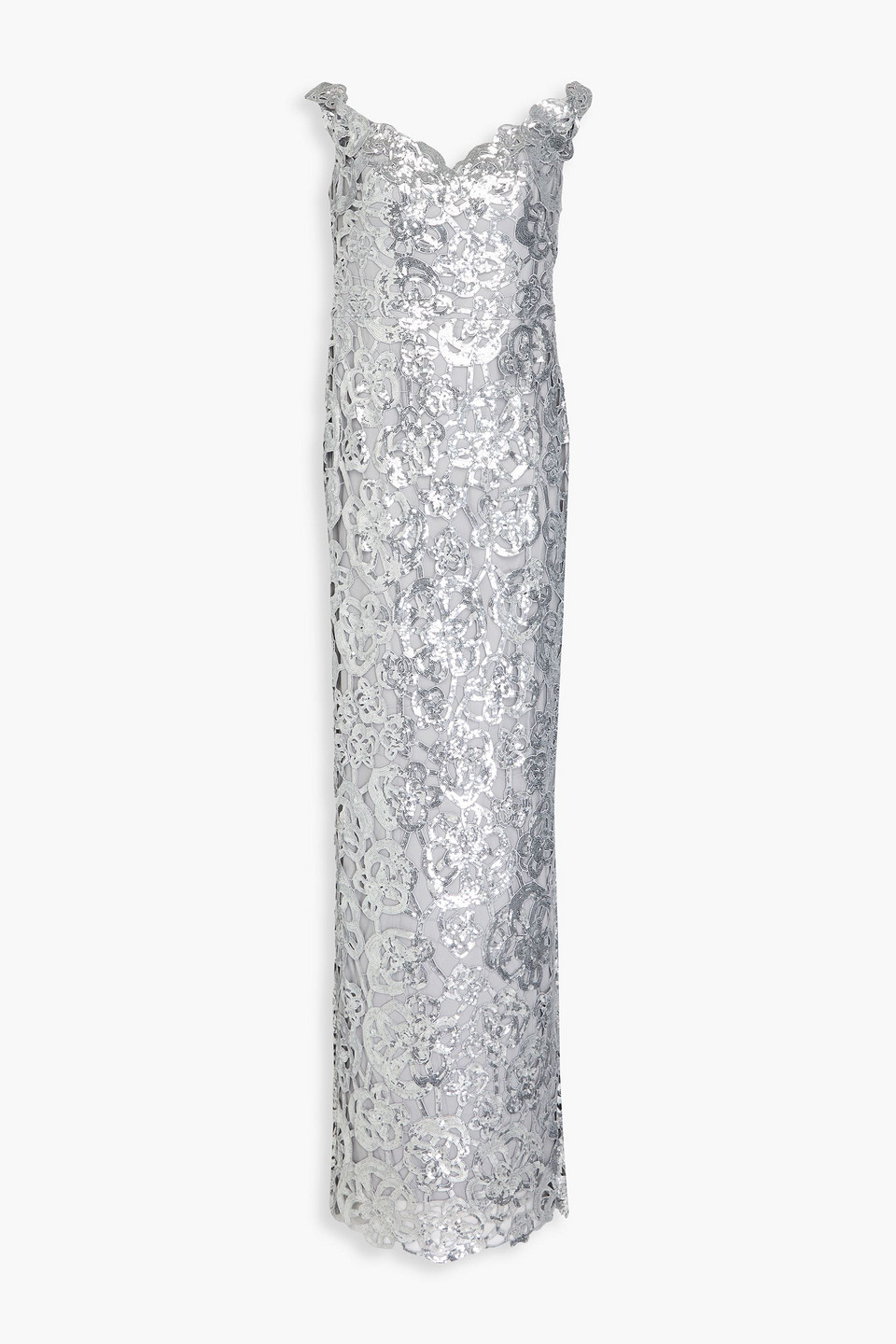 Marchesa Notte Off-the-shoulder Sequined Guipure Lace Gown In Silver