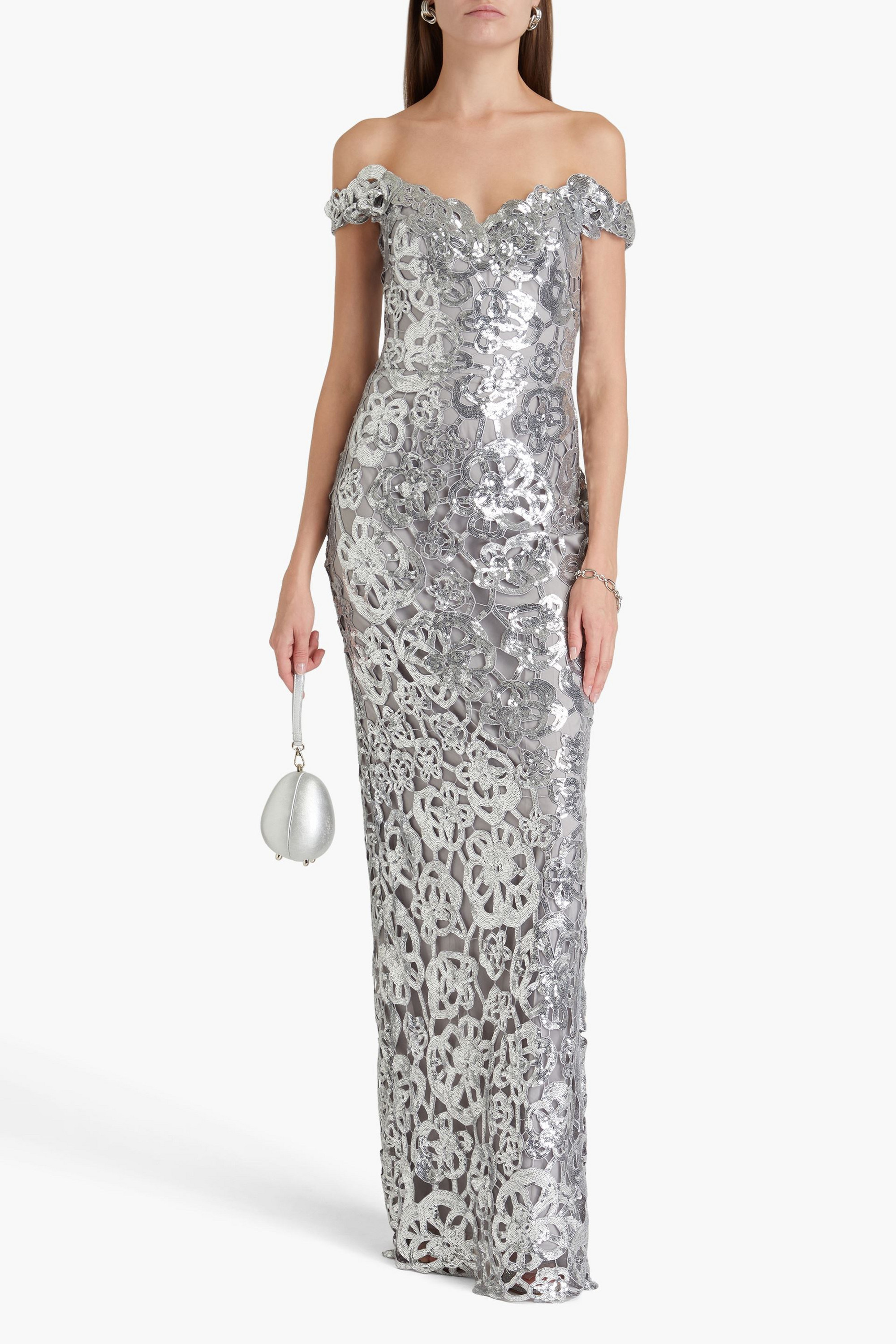 MARCHESA NOTTE Off-the-shoulder sequined guipure lace gown