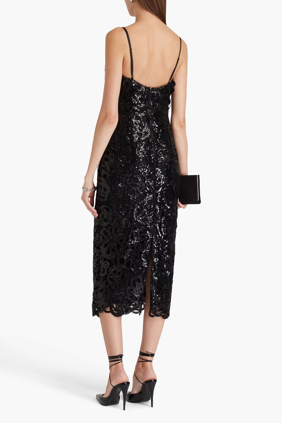Shop Marchesa Notte Sequined Guipure Lace Midi Dress In Black