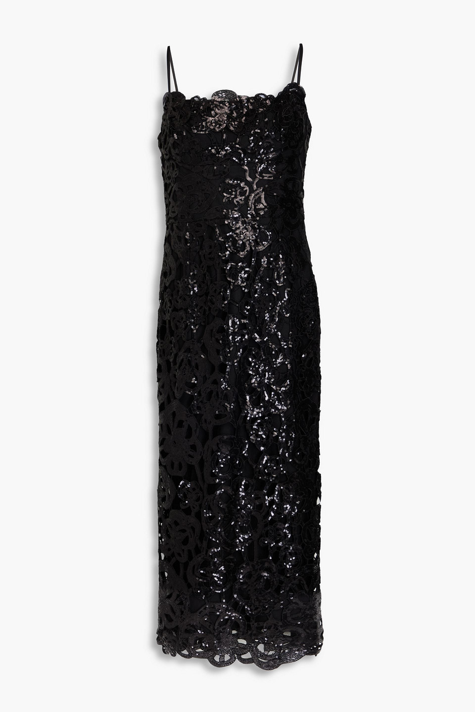 Shop Marchesa Notte Sequined Guipure Lace Midi Dress In Black