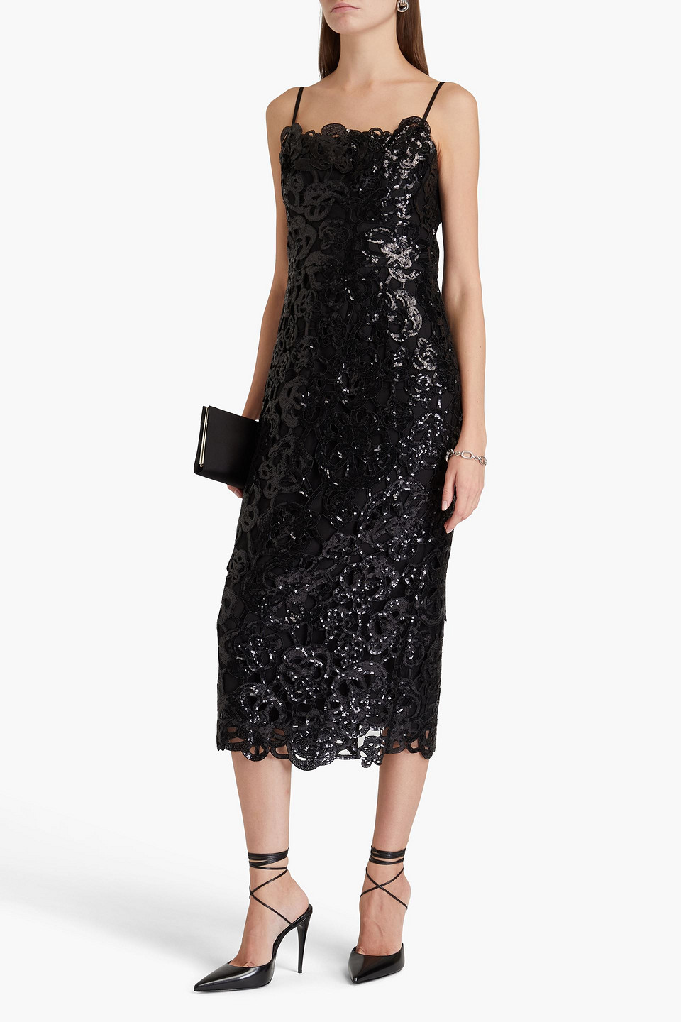 Shop Marchesa Notte Sequined Guipure Lace Midi Dress In Black