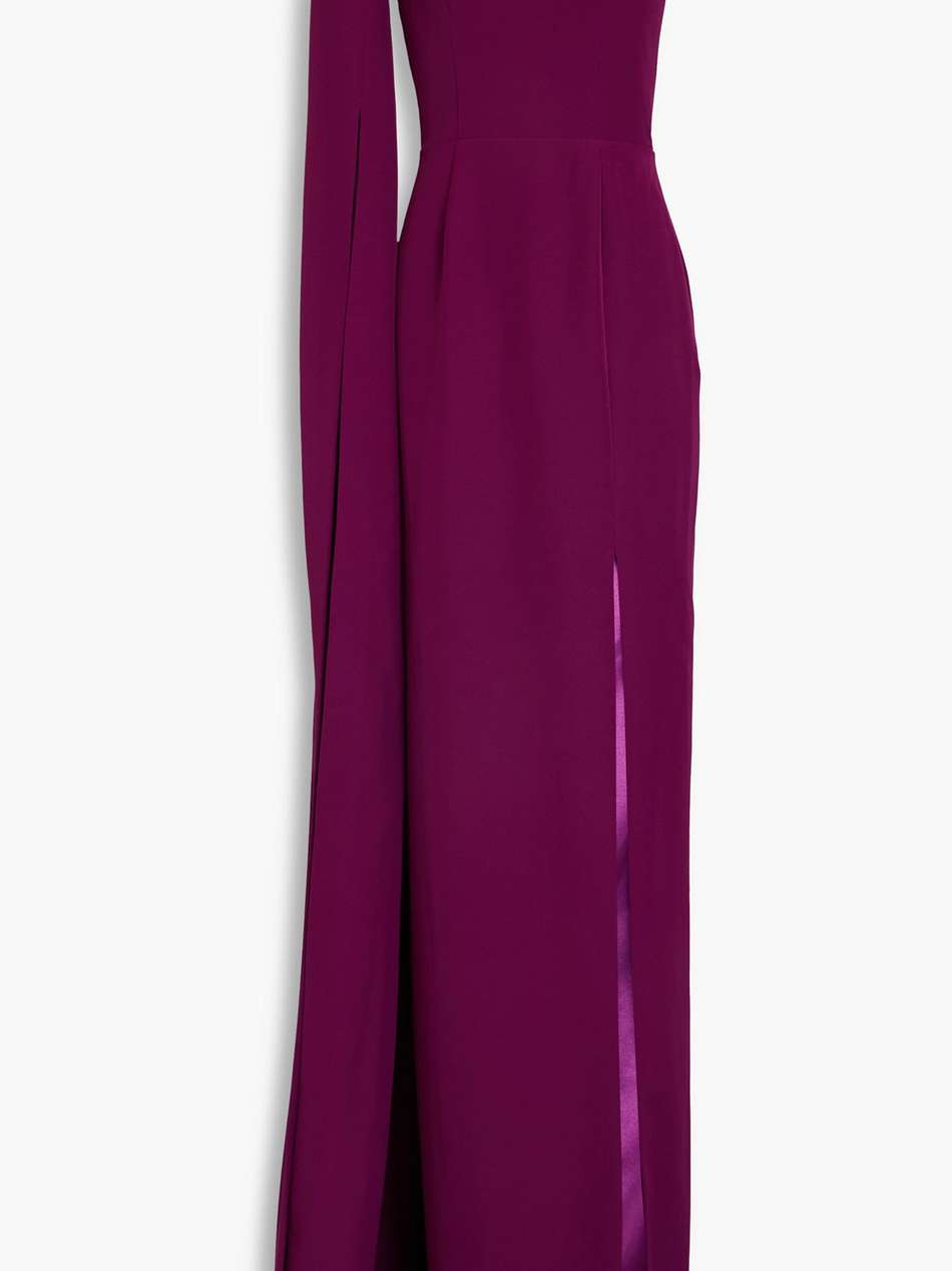 one-sleeve crystal-embellished draped crepe gown