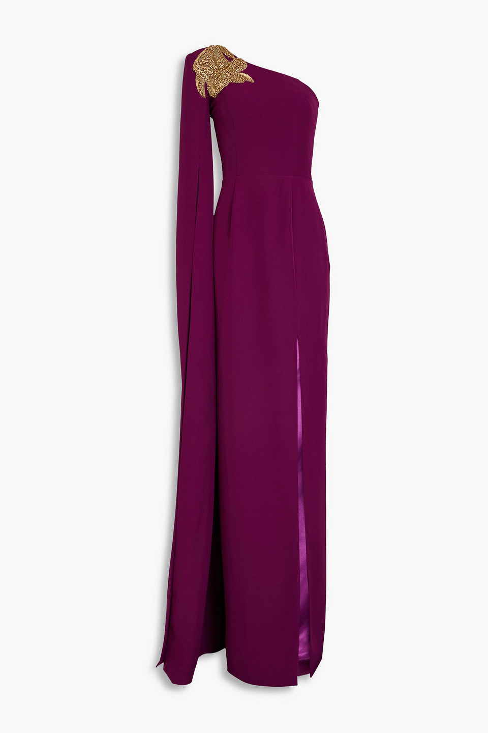 Rhea Costa One-sleeve Crystal-embellished Draped Crepe Gown In Plum