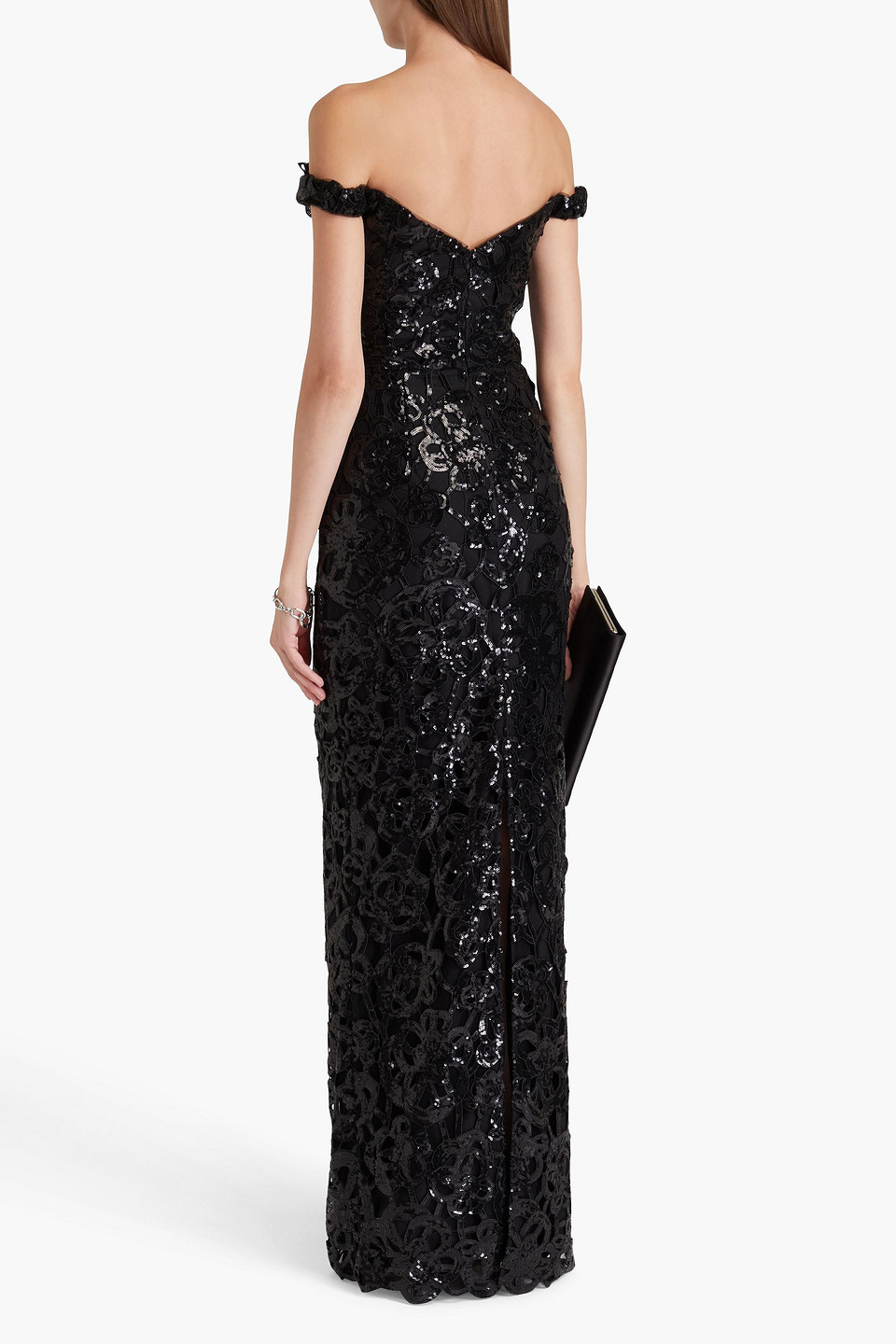 MARCHESA NOTTE OFF-THE-SHOULDER SEQUINED GUIPURE LACE GOWN