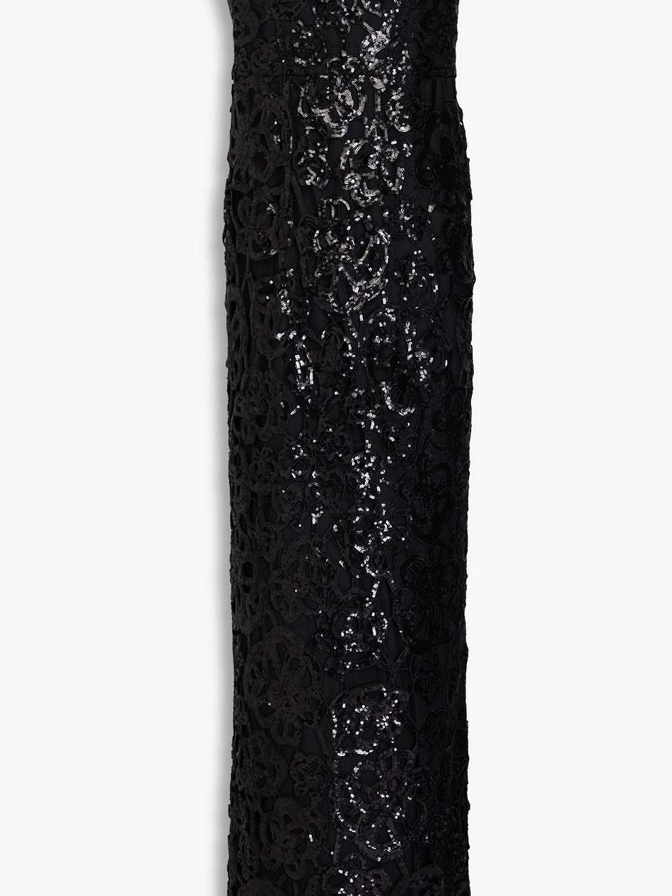 off-the-shoulder sequined guipure lace gown