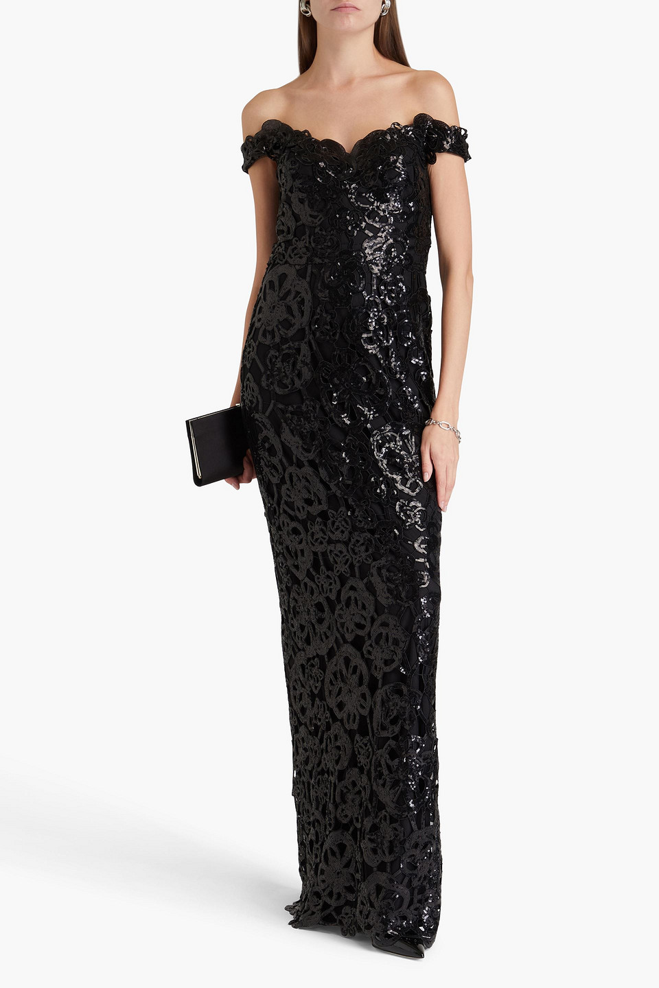 MARCHESA NOTTE OFF-THE-SHOULDER SEQUINED GUIPURE LACE GOWN