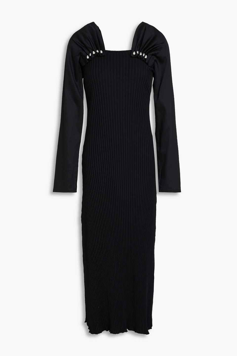 Mother Of Pearl Embellished Ribbed Stretch Cotton-blend Jersey And Satin Midi Dress In Black