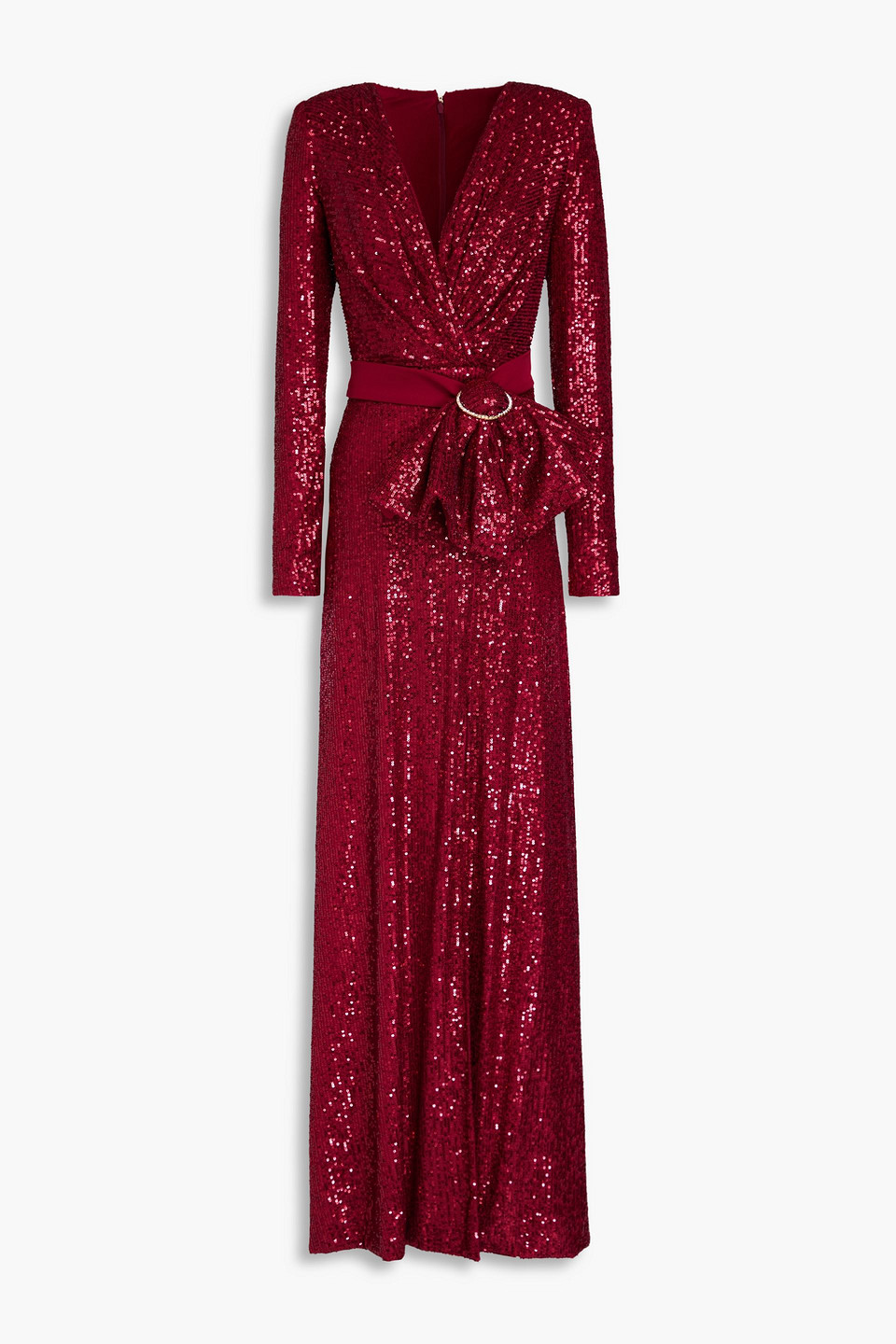 Rhea Costa Belted Sequined Tulle Gown In Claret