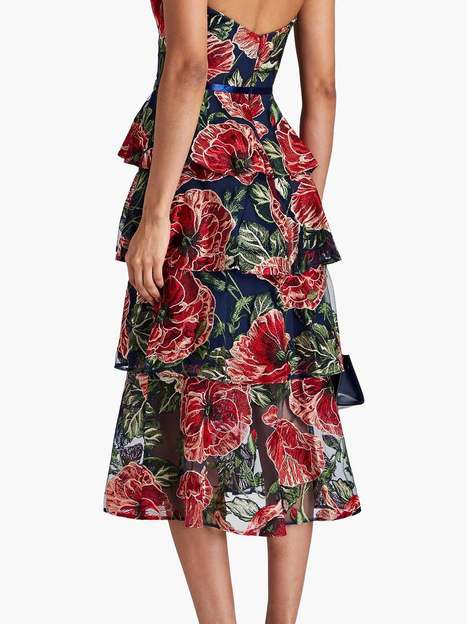strapless tiered embroidered tulle midi dress