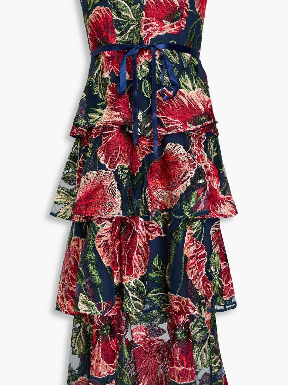 strapless tiered embroidered tulle midi dress