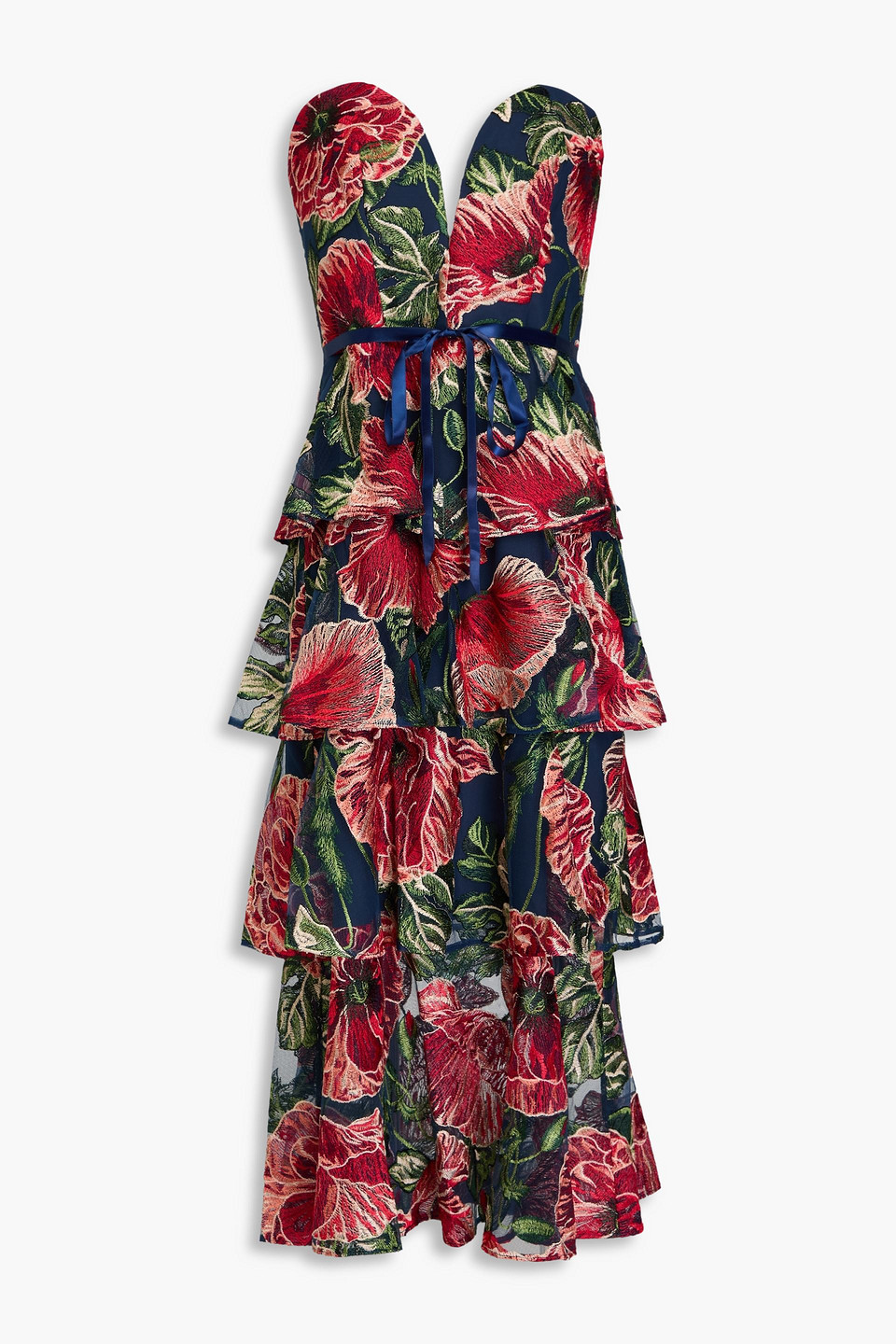 Strapless tiered embroidered tulle midi dress