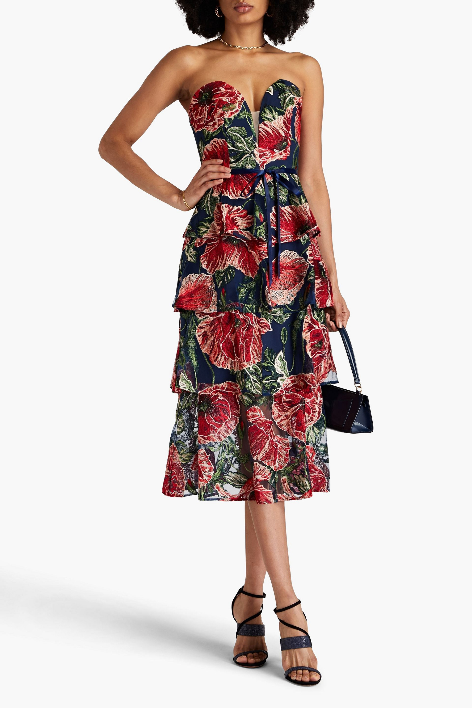 MARCHESA NOTTE Strapless tiered embroidered tulle midi dress