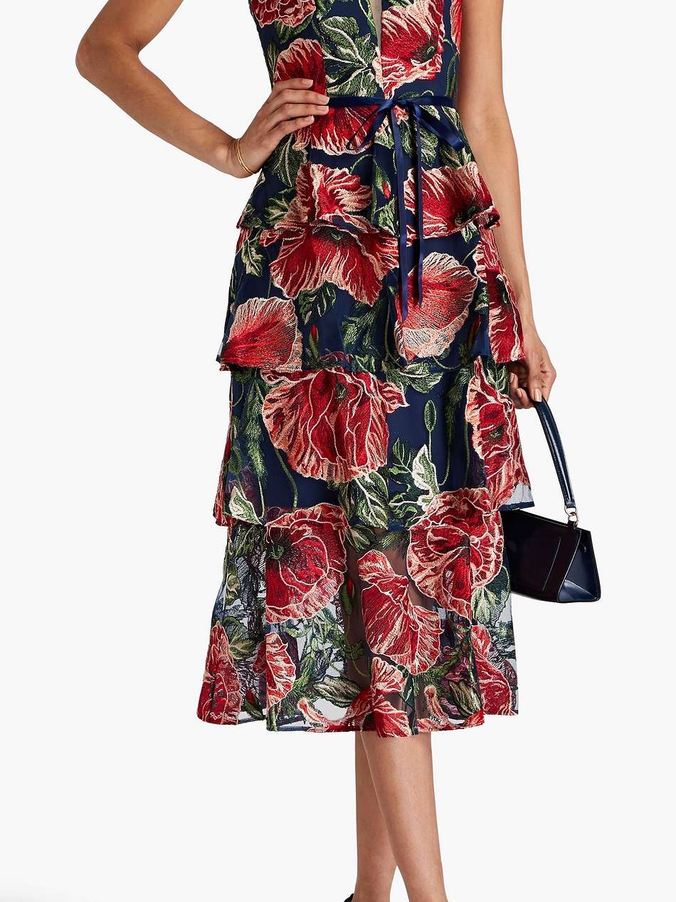 strapless tiered embroidered tulle midi dress