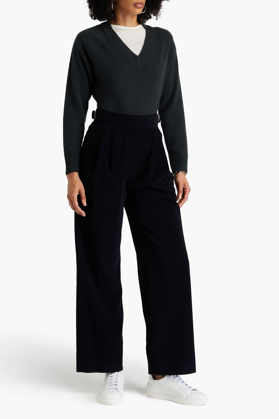 Le 17 Septembre Pleated Wool-blend Corduroy Wide-leg Pants In Navy