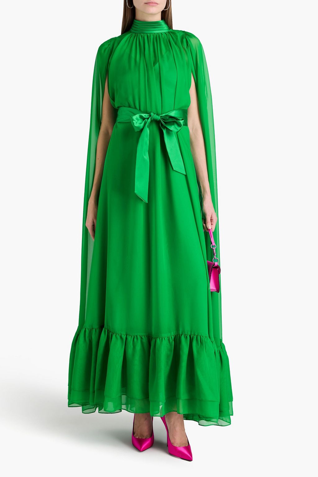 ALICE + OLIVIA 푸시 보우 & 개더 장식 조젯 맥시 드레스