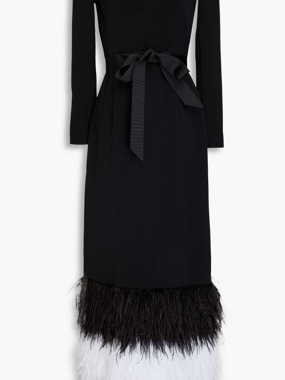 feather-trimmed crepe midi dress