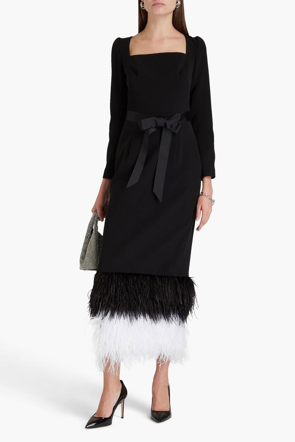 HUISHAN ZHANG Feather-trimmed crepe midi dress
