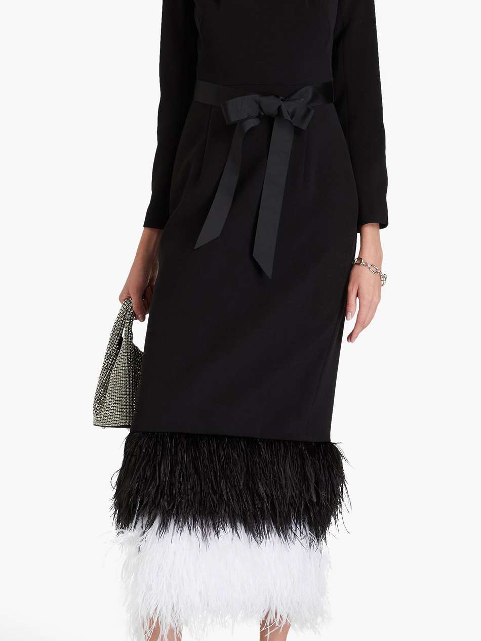 feather-trimmed crepe midi dress