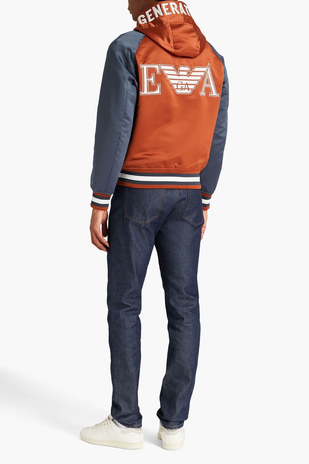 EMPORIO ARMANI Embroidered satin bomber hooded jacket