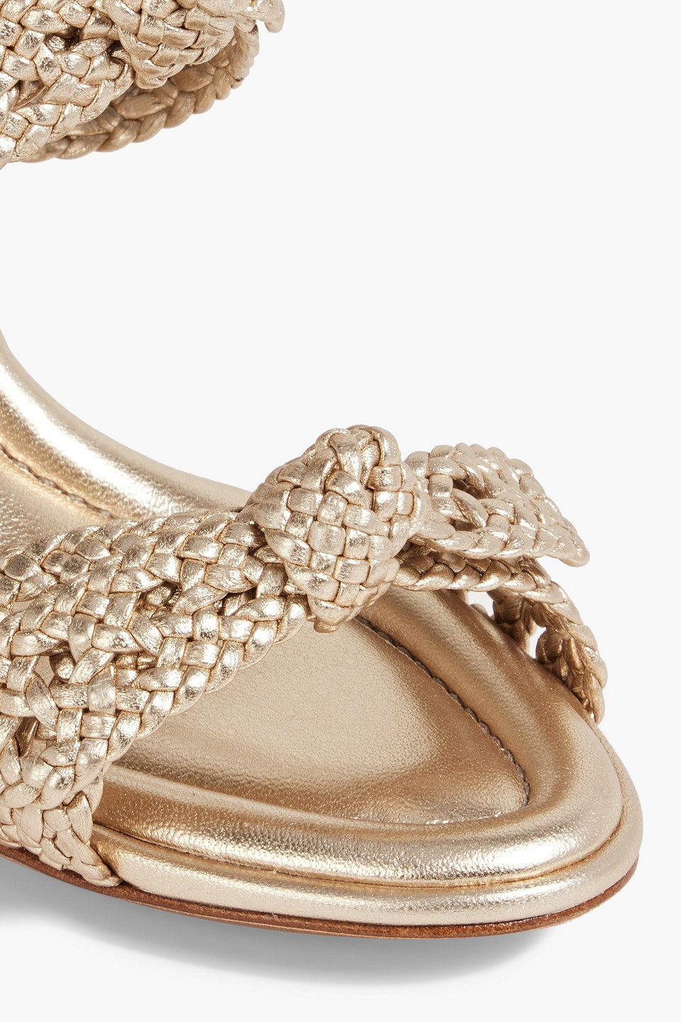 Alexandre Birman Clarita 90 Bow-detailed Braided Metallic Leather Mules In Gold