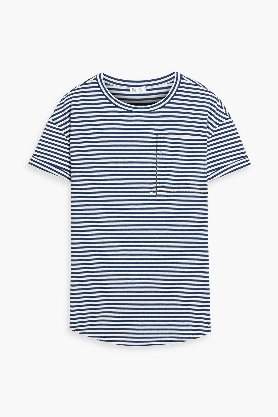 Brunello Cucinelli Bead-embellished Striped Cotton-jersey T-shirt In Blue