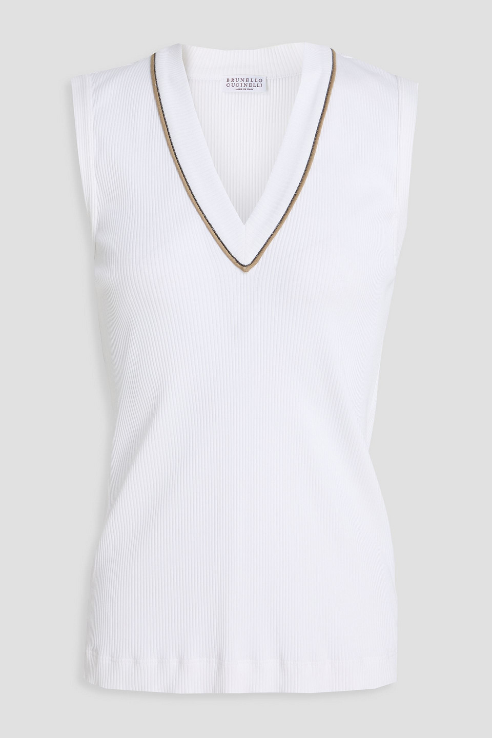 brunello cucinelli - bead-embellished ribbed stretch-cotton jersey top - white - xxs