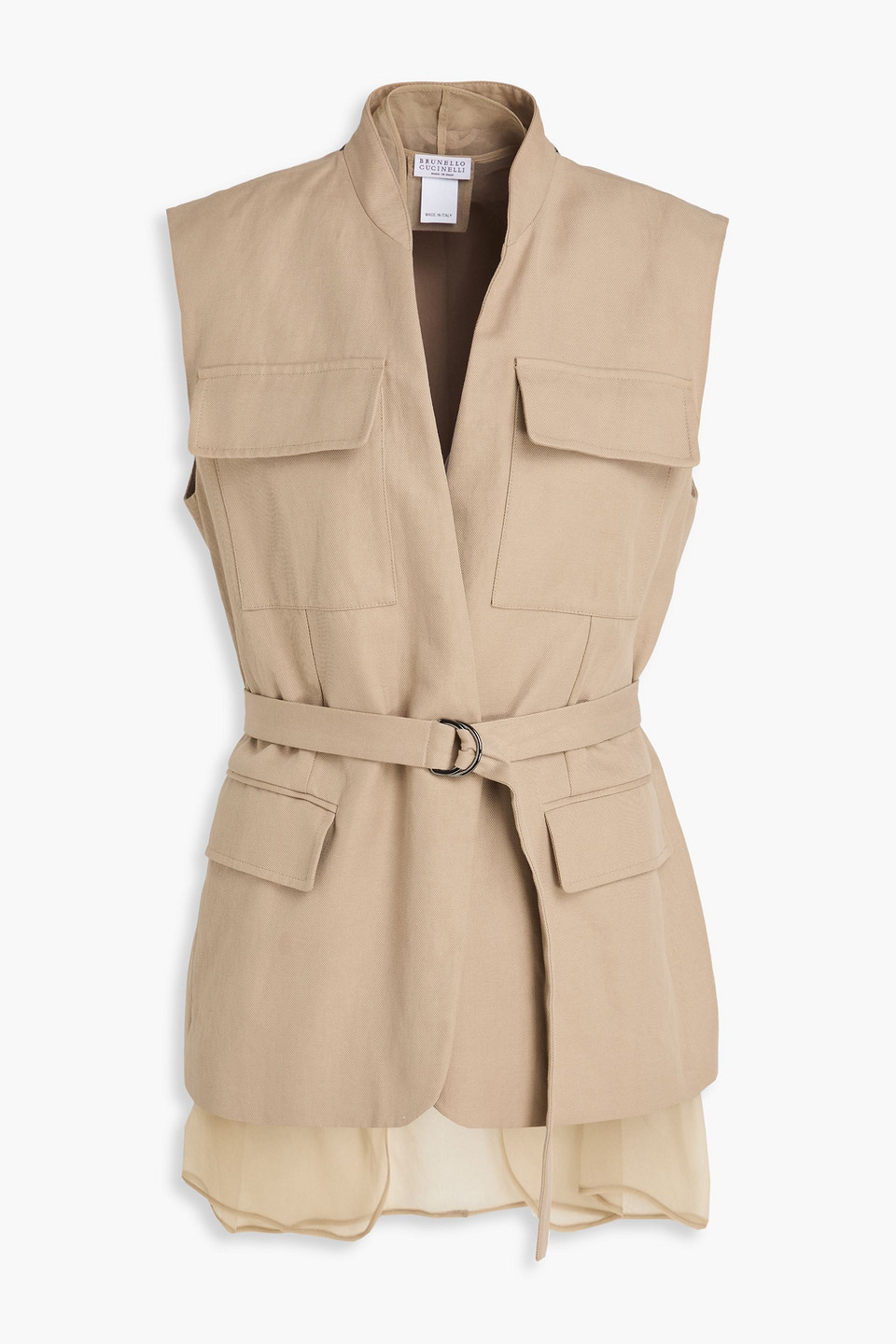 Brunello Cucinelli Belted Cotton And Linen-blend Twill Vest In Sand