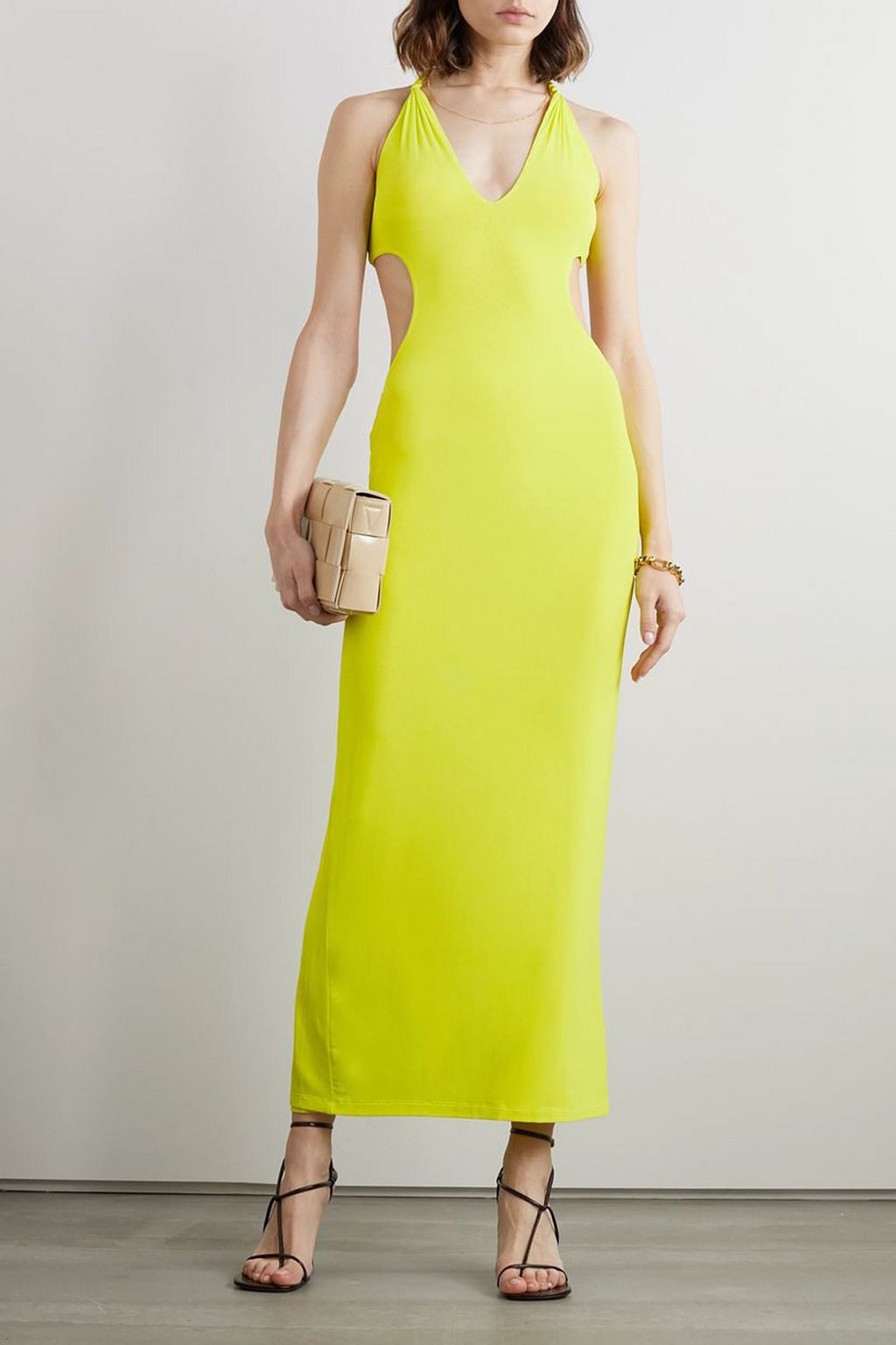 DION LEE فستان متوسط الطول من الكادي مكشوف الظهر مع حواف على شكل حبل