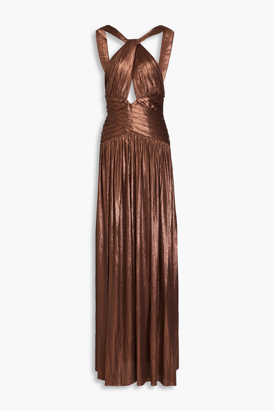 Retroféte Salem Cutout Metallic Plissé-lamé Halterneck Gown In Brown