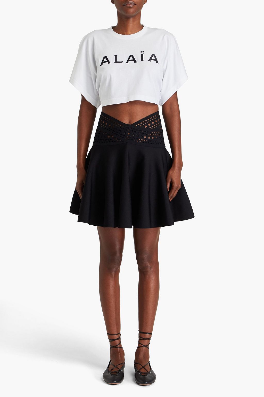 ALAÏA Cropped embroidered cotton-jersey T-shirt