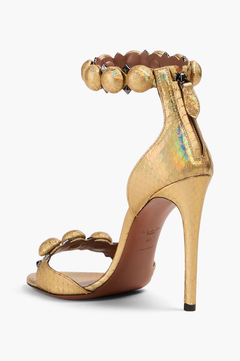ALAÏA La Bombe 110 iridescent studded elaphe sandals