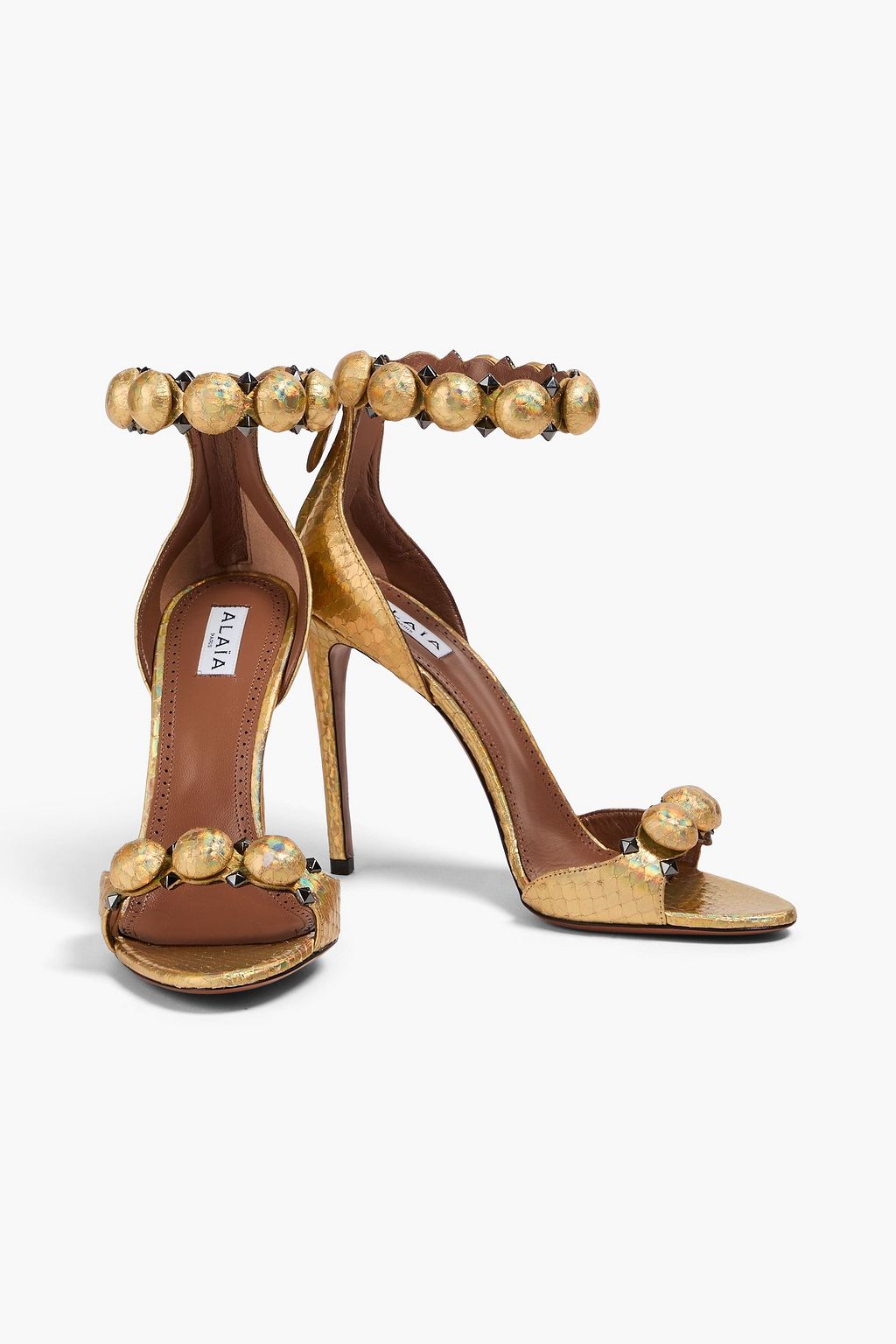 ALAÏA La Bombe 110 iridescent studded elaphe sandals